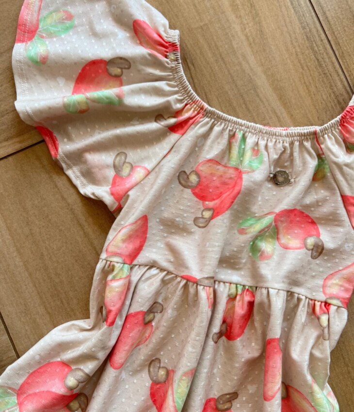 fernandaramoskids com br Vestido Infantil Feminino Curto Rodado Estampa Caju1