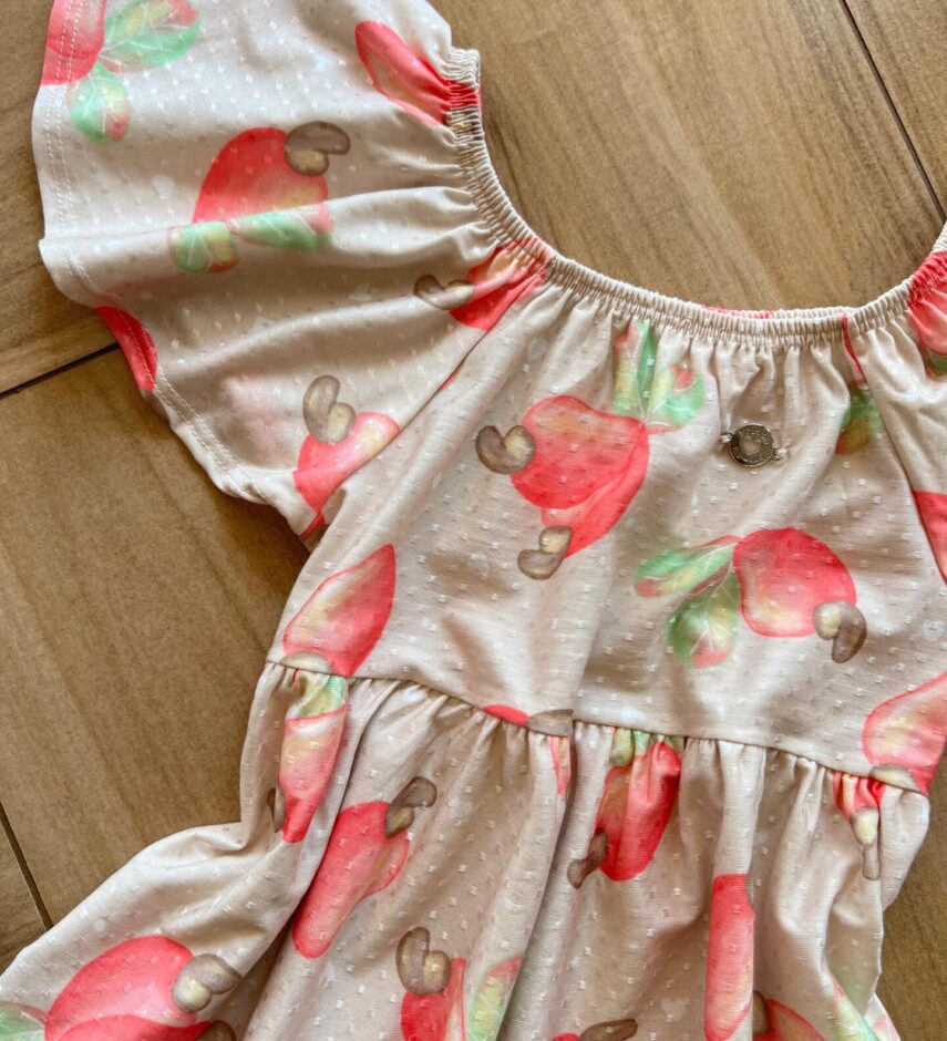 fernandaramoskids com br Vestido Infantil Feminino Curto Rodado Estampa Caju1