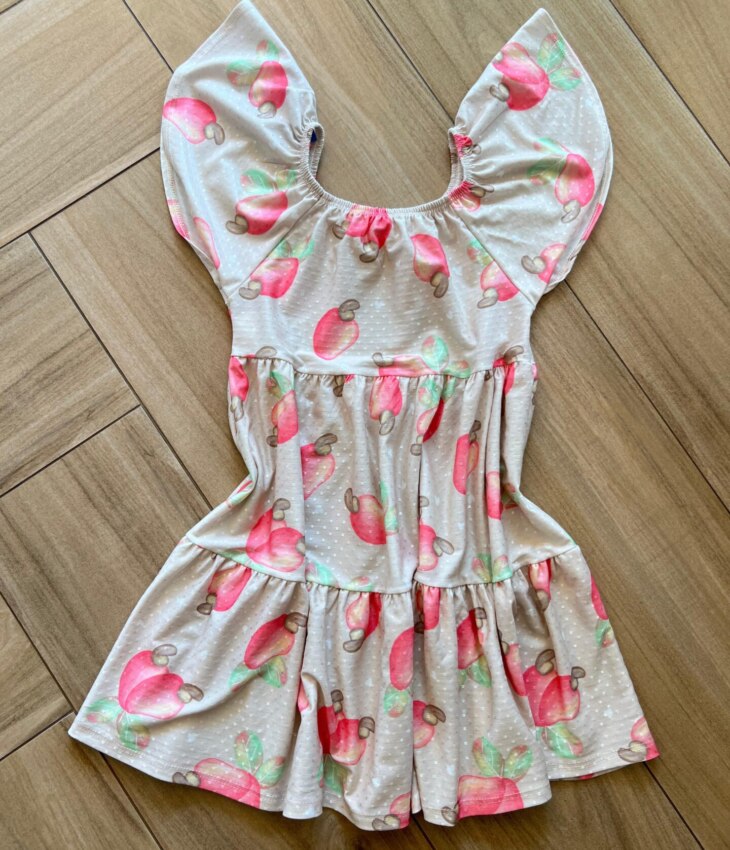 fernandaramoskids com br Vestido Infantil Feminino Curto Rodado Estampa Caju2