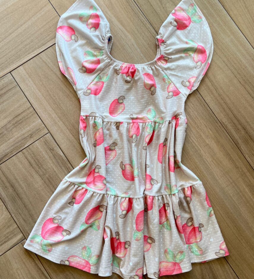 fernandaramoskids com br Vestido Infantil Feminino Curto Rodado Estampa Caju2