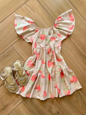 Vestido Infantil Feminino Curto Rodado Estampa Caju Fernanda Ramos Kids
