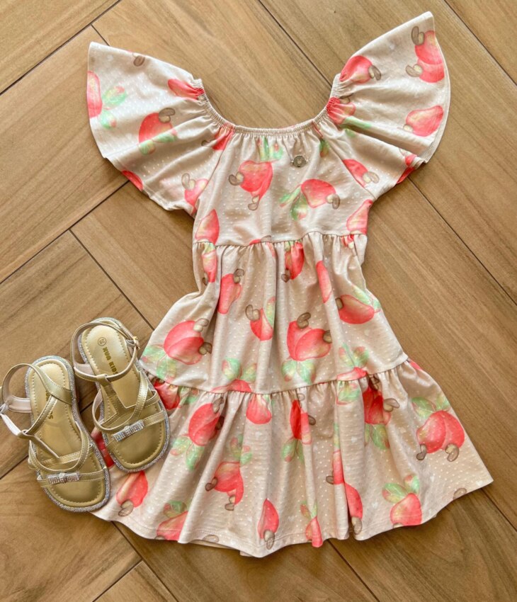 Vestido Infantil Feminino Curto Rodado Estampa Caju Fernanda Ramos Kids