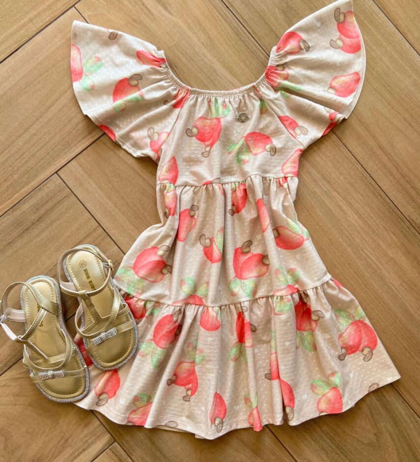 Vestido Infantil Feminino Curto Rodado Estampa Caju Fernanda Ramos Kids