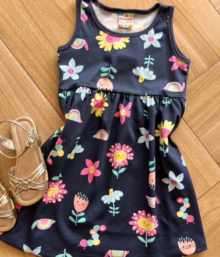 fernandaramoskids com br Vestido Infantil Feminino Curto Rodado Estampa Florzinhas Azul1