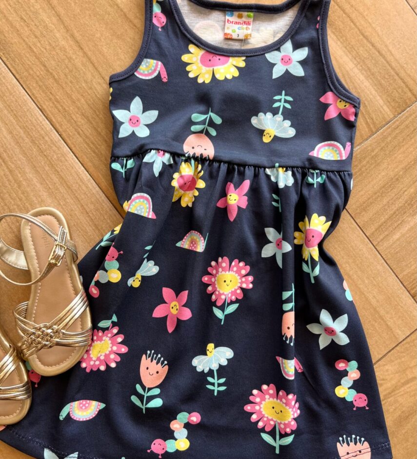 fernandaramoskids com br Vestido Infantil Feminino Curto Rodado Estampa Florzinhas Azul1