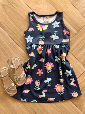 Vestido Infantil Feminino Curto Rodado Estampa Florzinhas Azul Fernanda Ramos Kids
