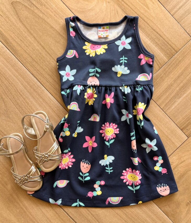 Vestido Infantil Feminino Curto Rodado Estampa Florzinhas Azul Fernanda Ramos Kids