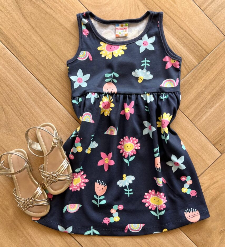 Vestido Infantil Feminino Curto Rodado Estampa Florzinhas Azul Fernanda Ramos Kids