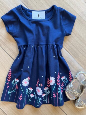 Vestido Infantil Feminino Curto Rodado Manga Curta Azul Fernanda Ramos Kids