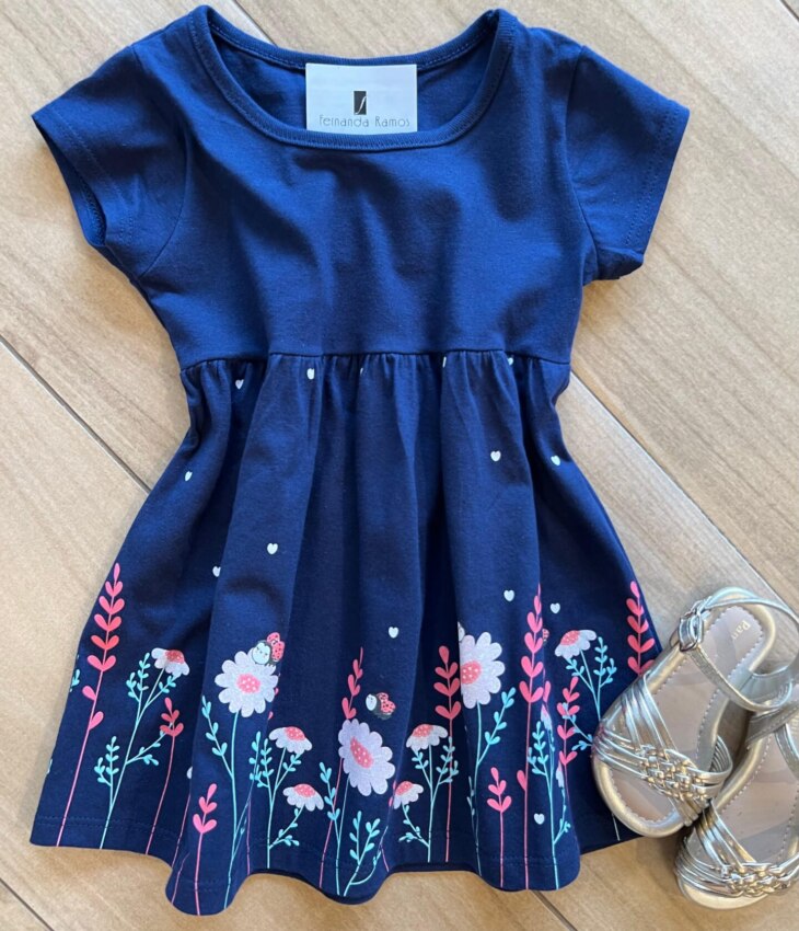 Vestido Infantil Feminino Curto Rodado Manga Curta Azul Fernanda Ramos Kids
