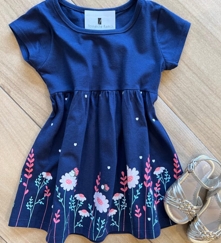 Vestido Infantil Feminino Curto Rodado Manga Curta Azul Fernanda Ramos Kids
