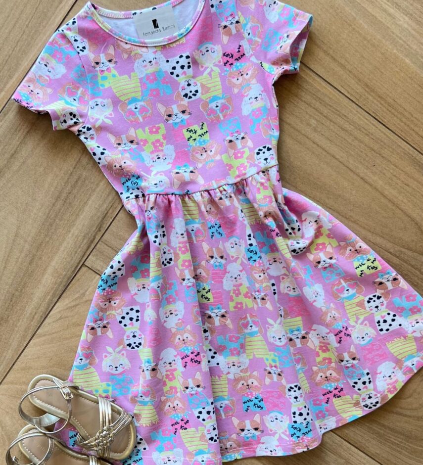 fernandaramoskids com br Vestido Infantil Feminino Curto Rodado Manga Curta Cachorrinho 1