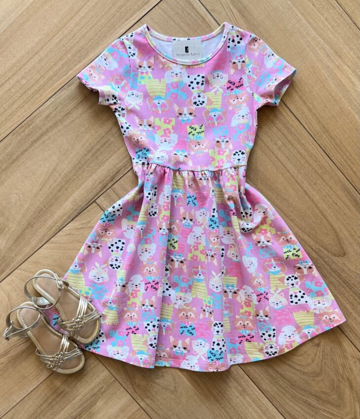 Vestido Infantil Feminino Curto Rodado Manga Curta Cachorrinho Fernanda Ramos Kids