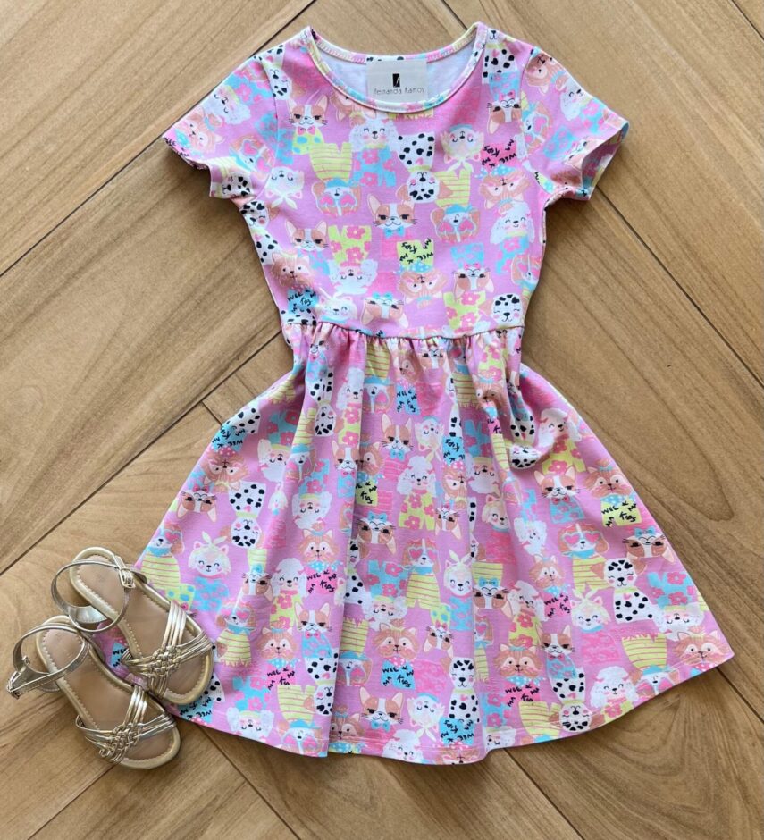 Vestido Infantil Feminino Curto Rodado Manga Curta Cachorrinho Fernanda Ramos Kids