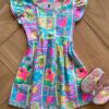 Vestido Infantil Feminino Curto Rodado Manga Curta Estampado Azul Fernanda Ramos Kids