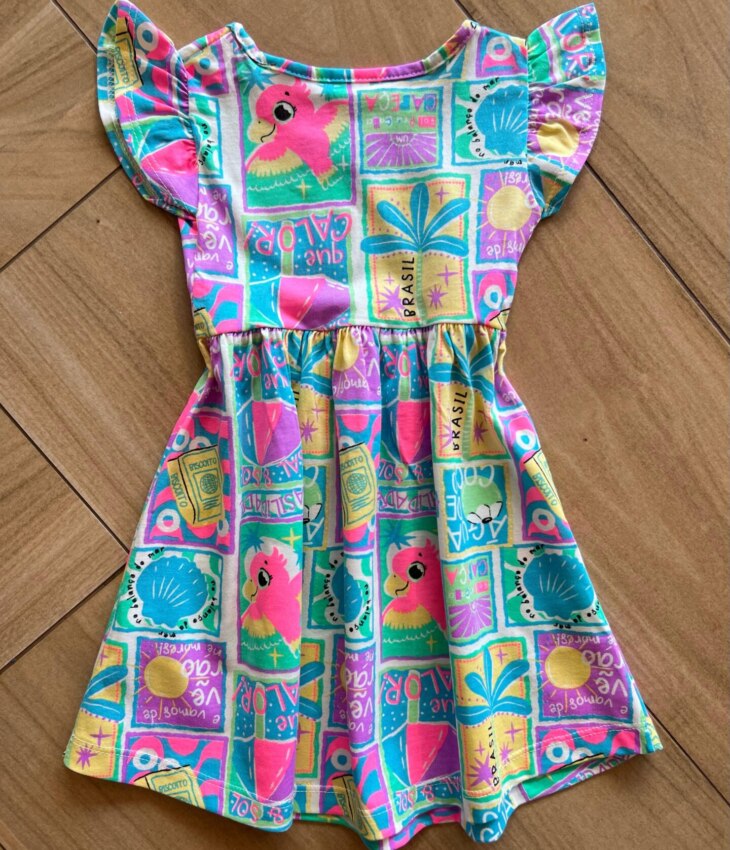 fernandaramoskids com br Vestido Infantil Feminino Curto Rodado Manga Curta Estampado Azul2