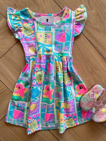 Vestido Infantil Feminino Curto Rodado Manga Curta Estampado Azul Fernanda Ramos Kids