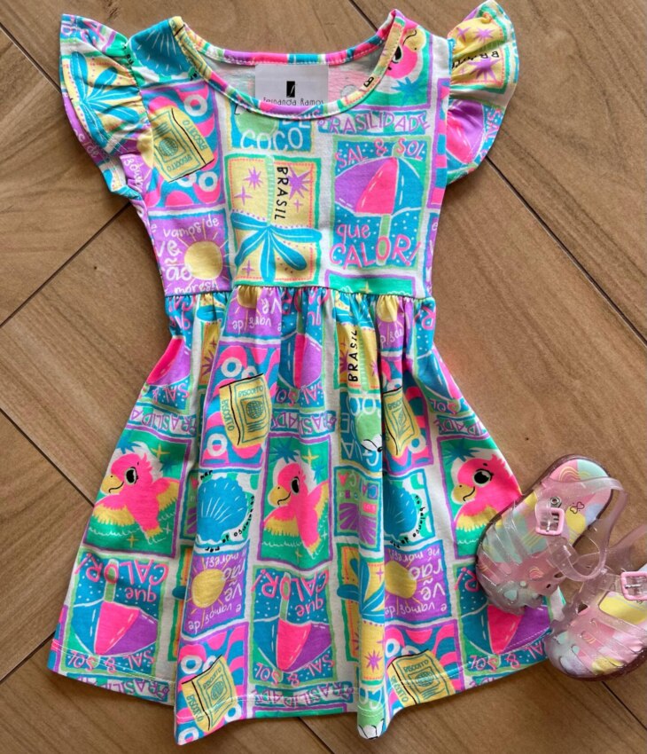 Vestido Infantil Feminino Curto Rodado Manga Curta Estampado Azul Fernanda Ramos Kids