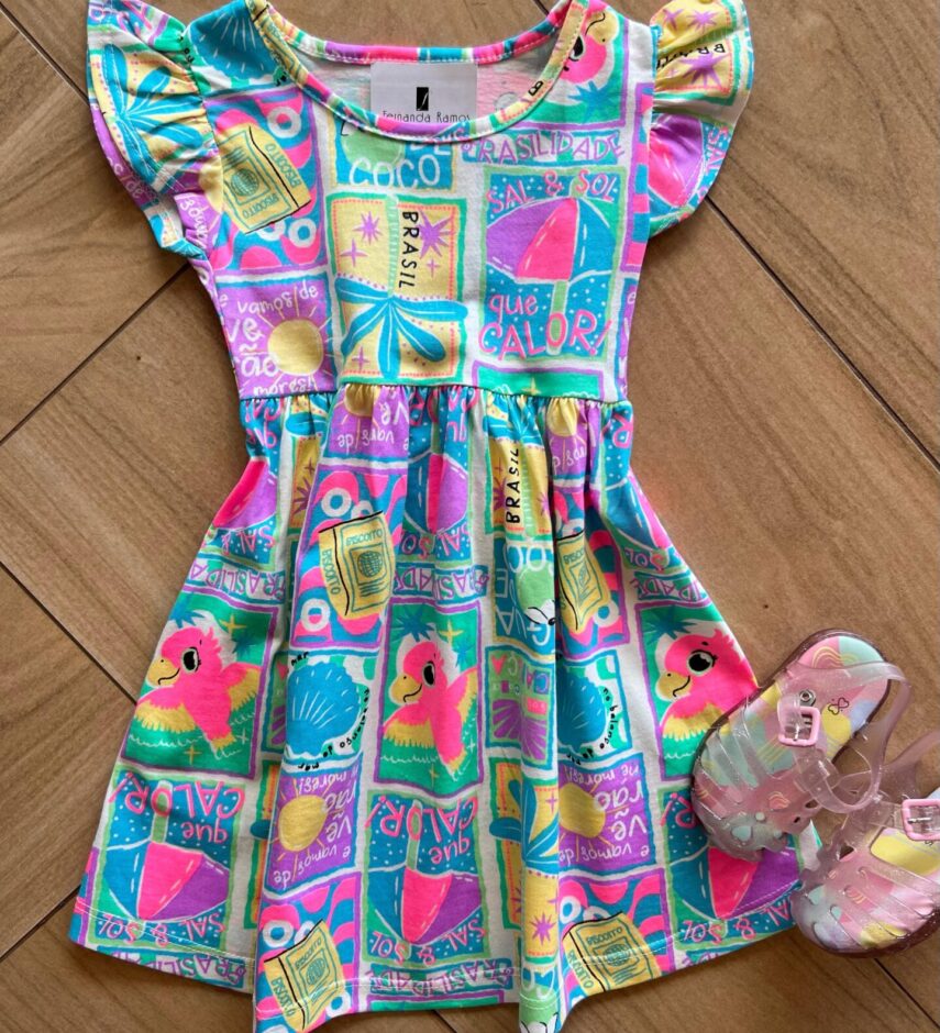 Vestido Infantil Feminino Curto Rodado Manga Curta Estampado Azul Fernanda Ramos Kids