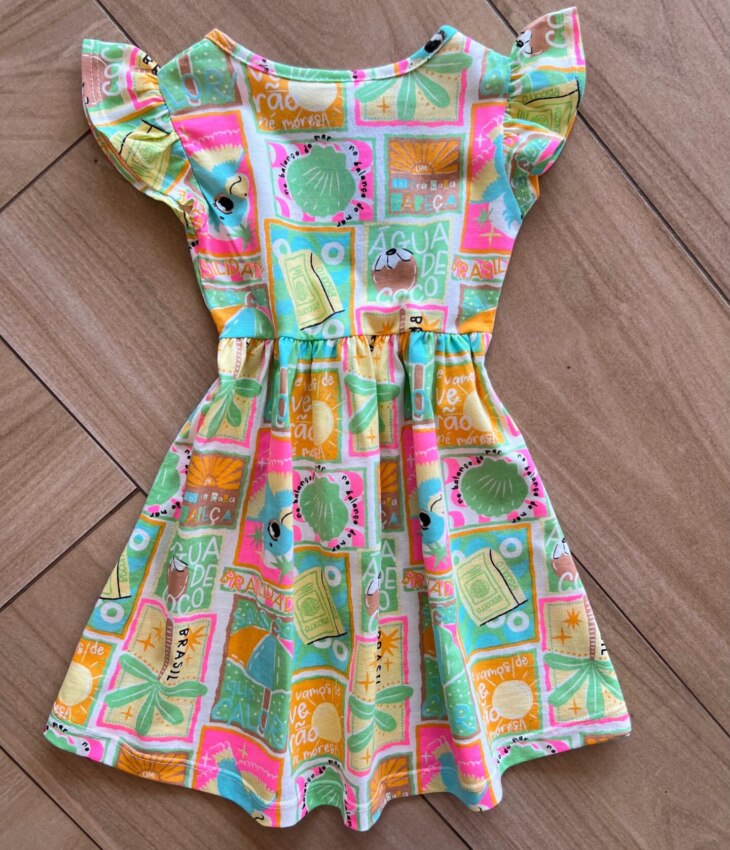Vestido Infantil Feminino Curto Rodado Manga Curta Estampado Verde Fernanda Ramos Kids