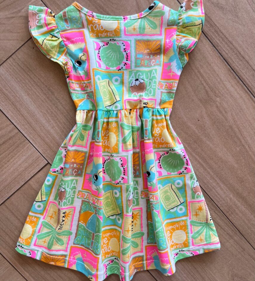Vestido Infantil Feminino Curto Rodado Manga Curta Estampado Verde Fernanda Ramos Kids
