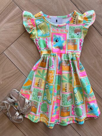Vestido Infantil Feminino Curto Rodado Manga Curta Estampado Verde Fernanda Ramos Kids