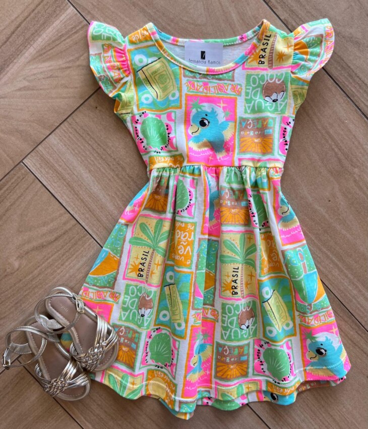 Vestido Infantil Feminino Curto Rodado Manga Curta Estampado Verde Fernanda Ramos Kids