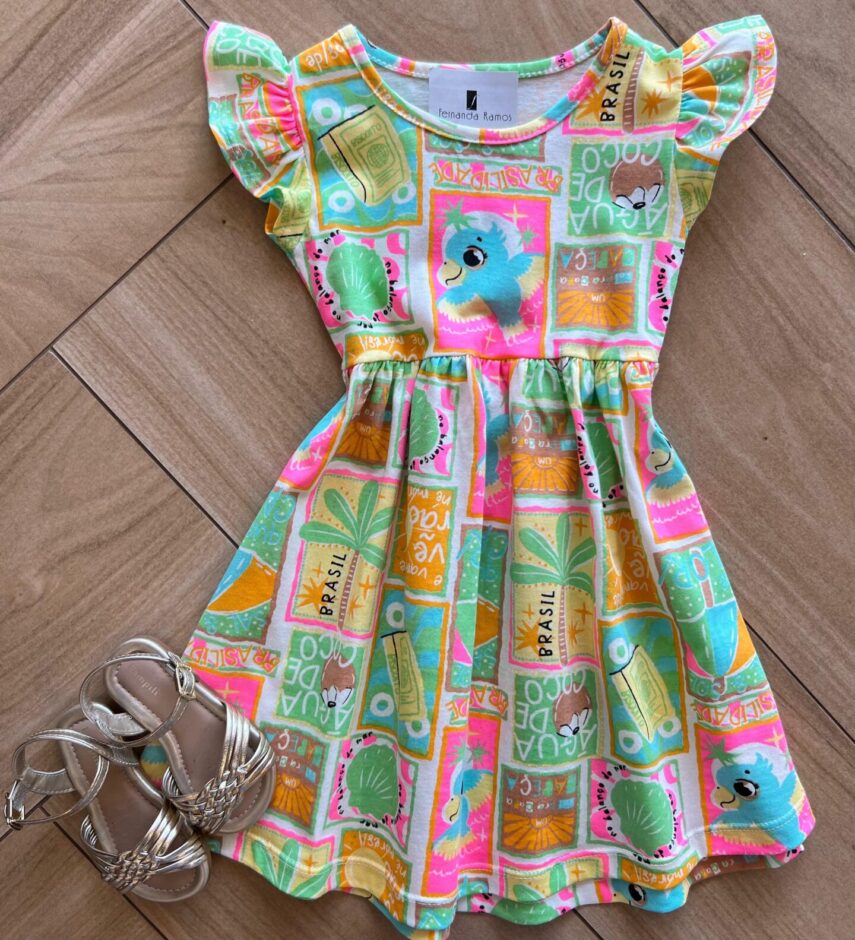 Vestido Infantil Feminino Curto Rodado Manga Curta Estampado Verde Fernanda Ramos Kids