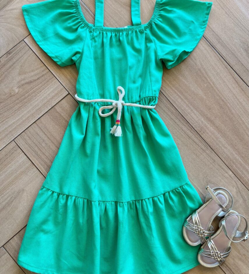 Vestido Infantil Feminino Curto Verde com Cordão Fernanda Ramos Kids