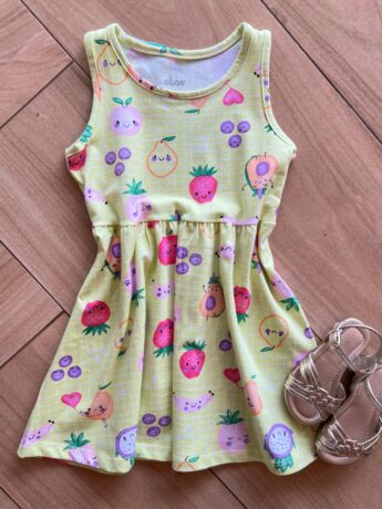 Vestido Infantil Feminino Curto Xadrez com Frutinhas Verde Lima Fernanda Ramos Kids