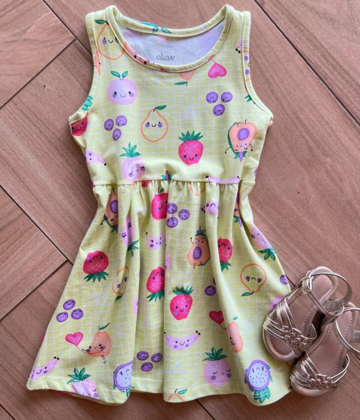 Vestido Infantil Feminino Curto Xadrez com Frutinhas Verde Lima Fernanda Ramos Kids