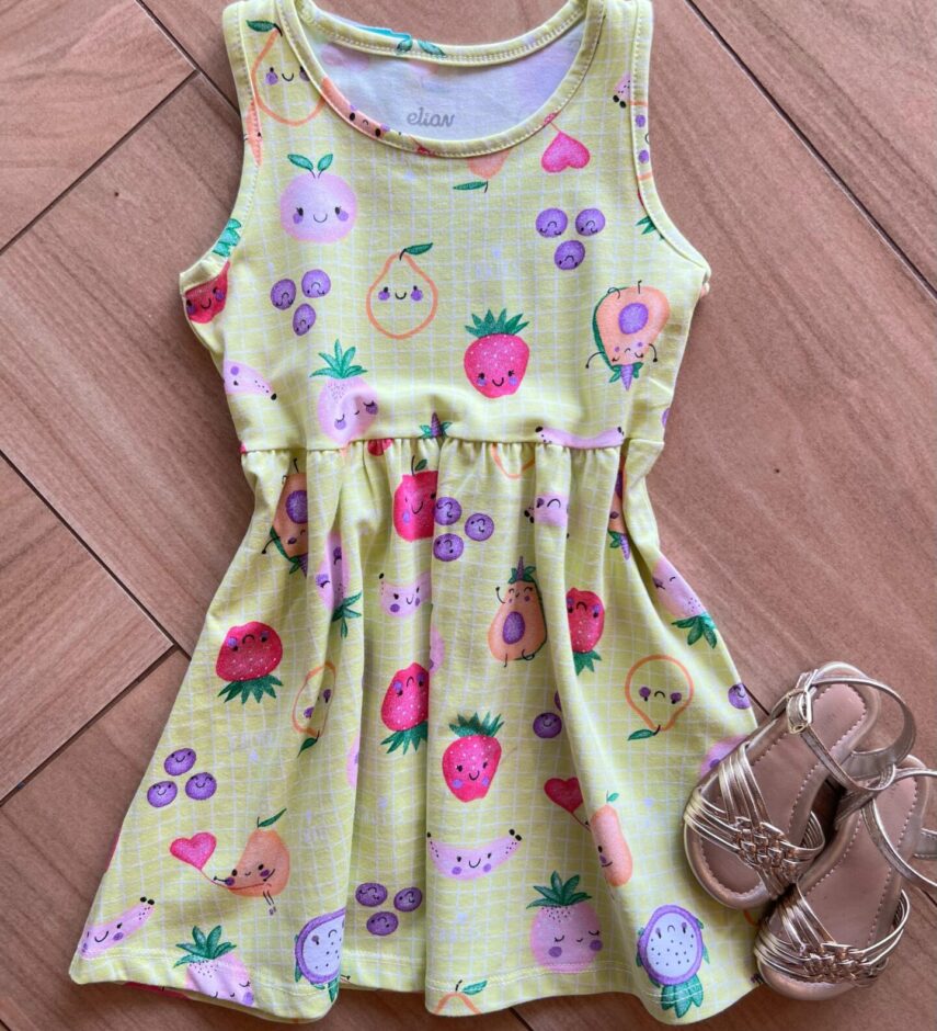 Vestido Infantil Feminino Curto Xadrez com Frutinhas Verde Lima Fernanda Ramos Kids