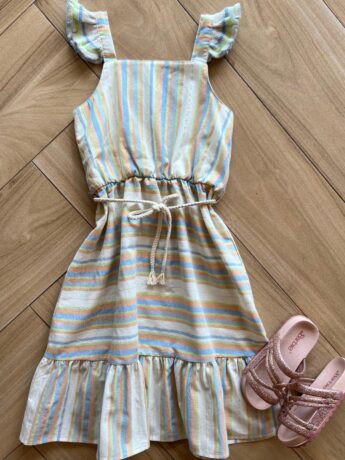 Vestido Infantil Feminino em Linho Listrado Fernanda Ramos Kids