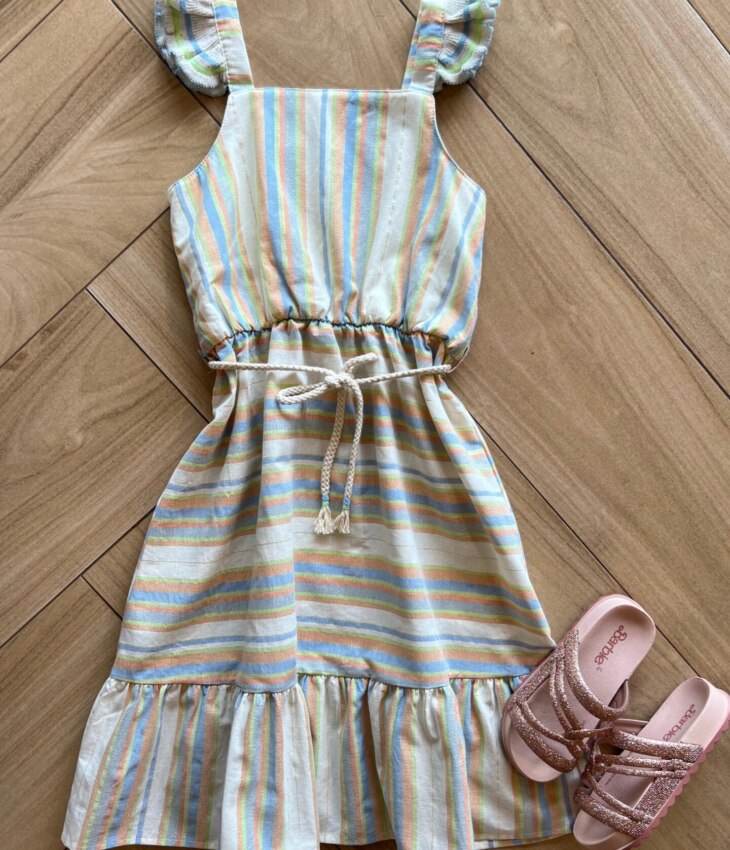 Vestido Infantil Feminino em Linho Listrado Fernanda Ramos Kids