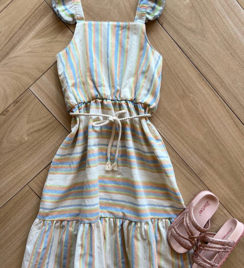 Vestido Infantil Feminino em Linho Listrado Fernanda Ramos Kids