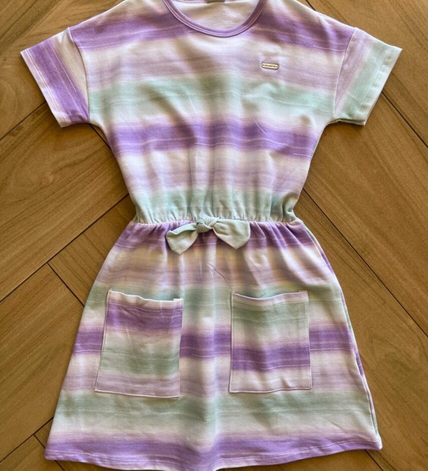 Vestido Infantil Feminino Estampa com Bolsos Bicolor Fernanda Ramos Kids