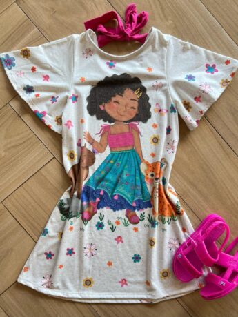 Vestido Infantil Feminino Estampa Menina e os Bichinhos Off White Fernanda Ramos Kids