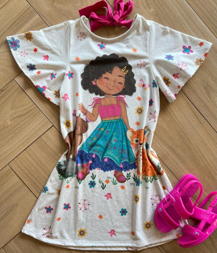 Vestido Infantil Feminino Estampa Menina e os Bichinhos Off White Fernanda Ramos Kids