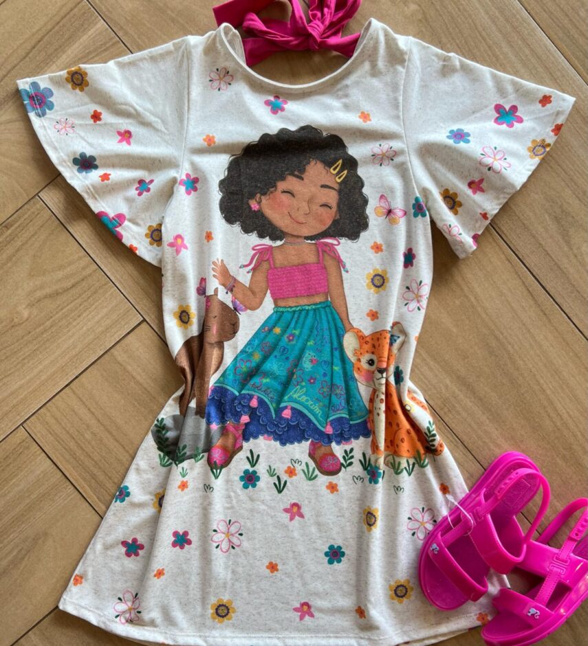 Vestido Infantil Feminino Estampa Menina e os Bichinhos Off White Fernanda Ramos Kids