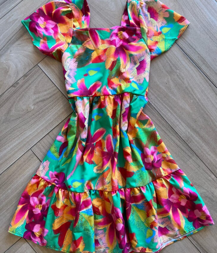Vestido Infantil Feminino Estampado Fundo Verde Fernanda Ramos Kids