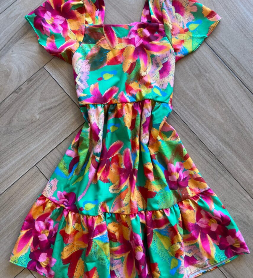 Vestido Infantil Feminino Estampado Fundo Verde Fernanda Ramos Kids