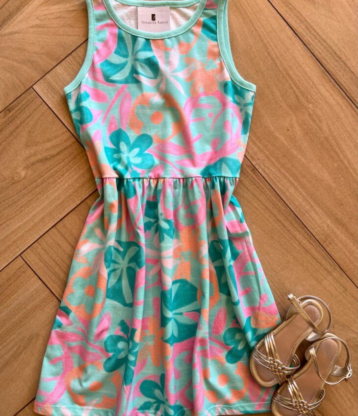 Vestido Infantil Feminino Estampado Fundo Verde Água Fernanda Ramos Kids