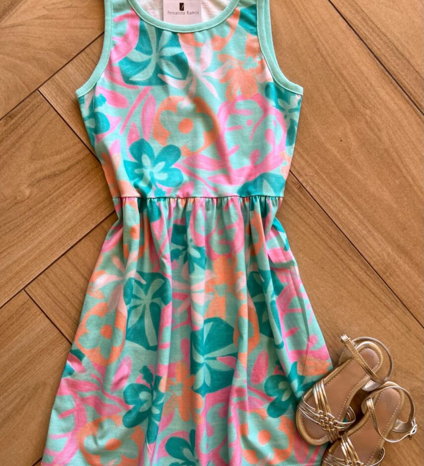 Vestido Infantil Feminino Estampado Fundo Verde Água Fernanda Ramos Kids