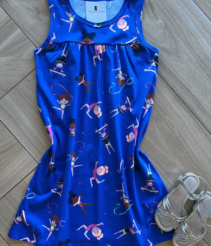 Vestido Infantil Feminino Evase Estampado Bailarinas Azul Fernanda Ramos Kids