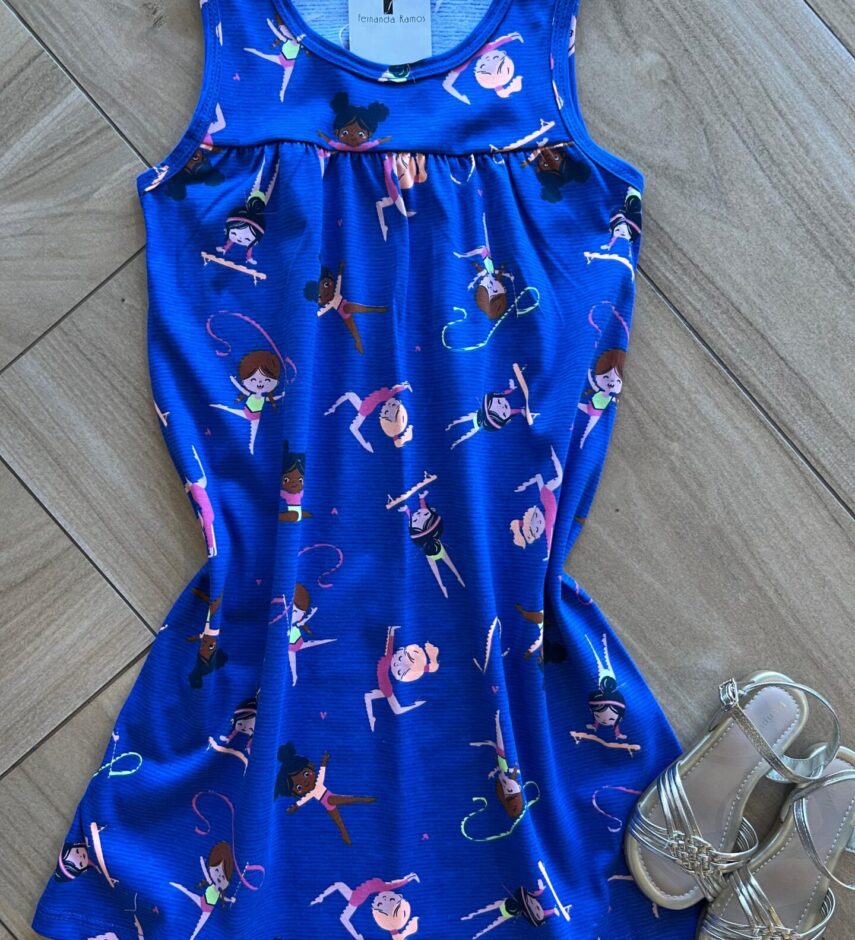 Vestido Infantil Feminino Evase Estampado Bailarinas Azul Fernanda Ramos Kids