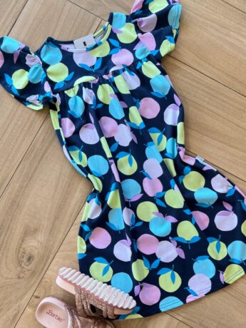 fernandaramoskids com br Vestido Infantil Feminino Evase Manga Curta Estampa Frutas Azul 1