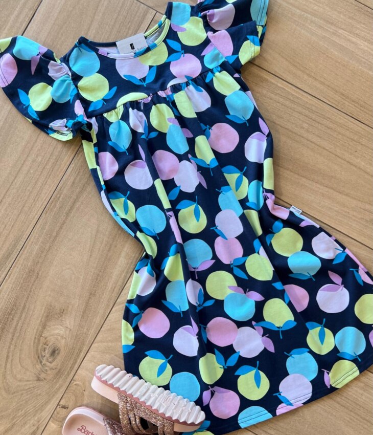 fernandaramoskids com br Vestido Infantil Feminino Evase Manga Curta Estampa Frutas Azul 1