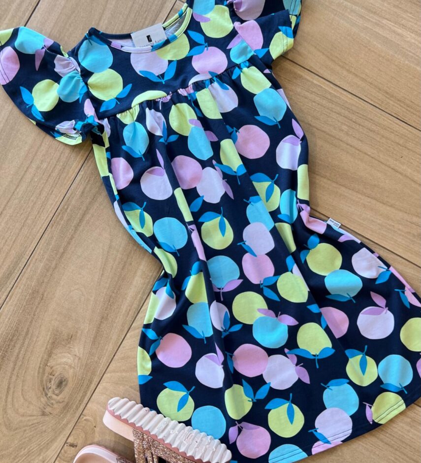 fernandaramoskids com br Vestido Infantil Feminino Evase Manga Curta Estampa Frutas Azul 1