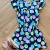 Vestido Infantil Feminino Evase Manga Curta Estampa Frutas Azul Fernanda Ramos Kids