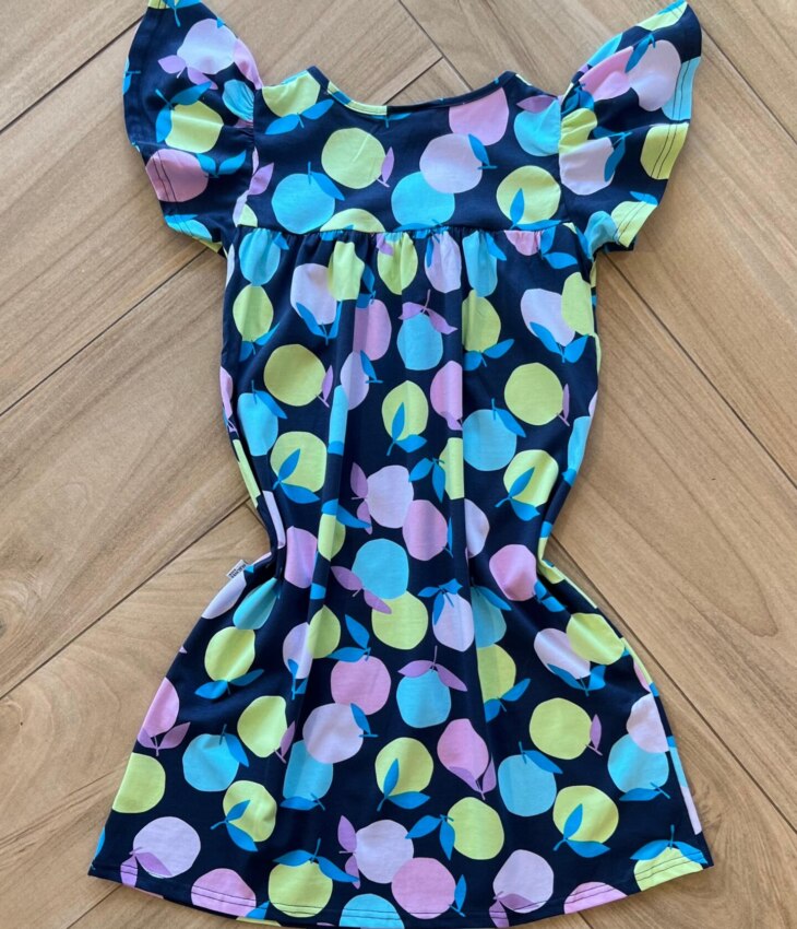 fernandaramoskids com br Vestido Infantil Feminino Evase Manga Curta Estampa Frutas Azul 2